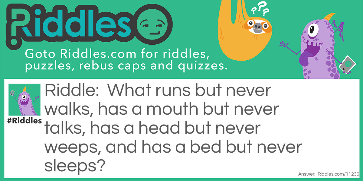 What runs but never walks, has a mouth but never talks, has a head but never weeps, and has a bed but never sleeps?