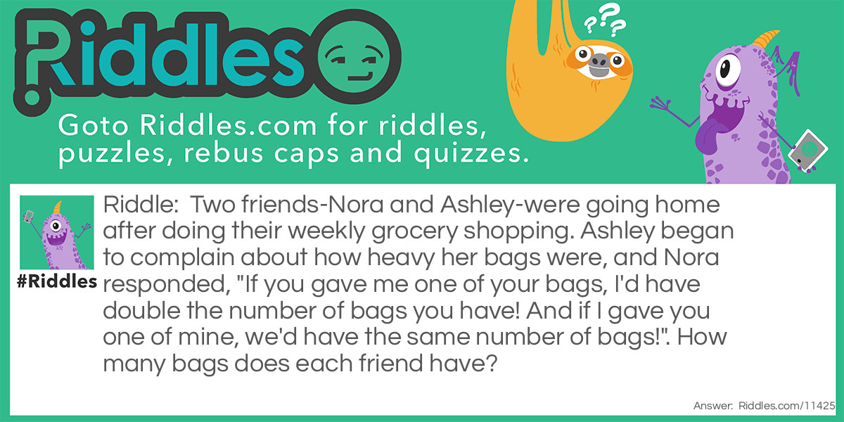 Two friends-Nora and Ashley-were going home after doing their weekly grocery shopping. Ashley began to complain about how heavy her bags were, and Nora responded, "If you gave me one of your bags, I'd have double the number of bags you have! And if I gave you one of mine, we'd have the same number of bags!". How many bags does each friend have?