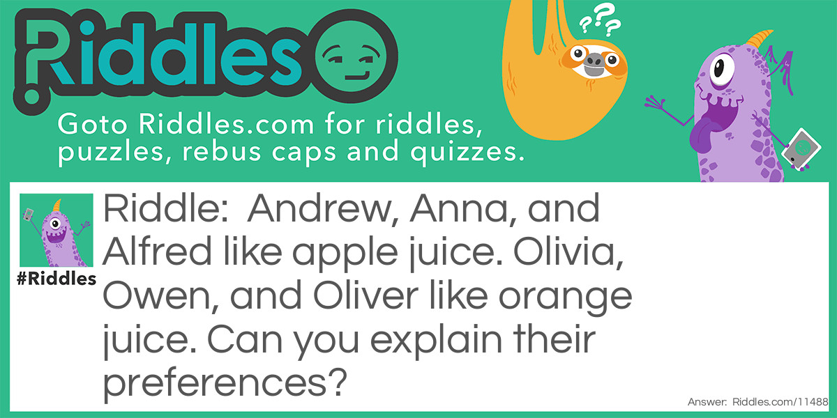 Andrew, Anna, and Alfred like apple juice. Olivia, Owen, and Oliver like orange juice. Can you explain their preferences?