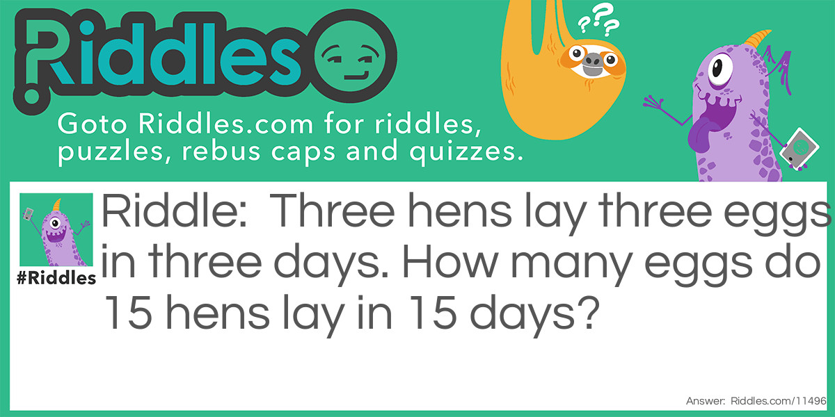 Three hens lay three eggs in three days. How many eggs do 15 hens lay in 15 days?