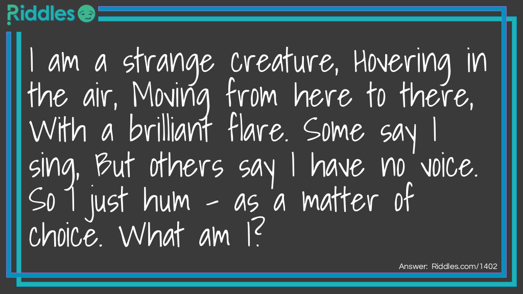 I am a strange creature, Hovering in the air, Moving from here to there, With a brilliant flare. Some say I sing, But others say I have no voice. So I just hum - as a matter of choice. What am I?