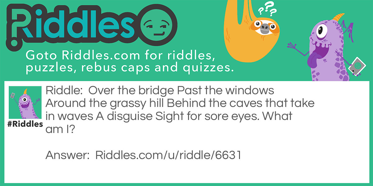 Over the bridge Past the windows Around the grassy hill Behind the caves that take in waves A disguise Sight for sore eyes. What am I?