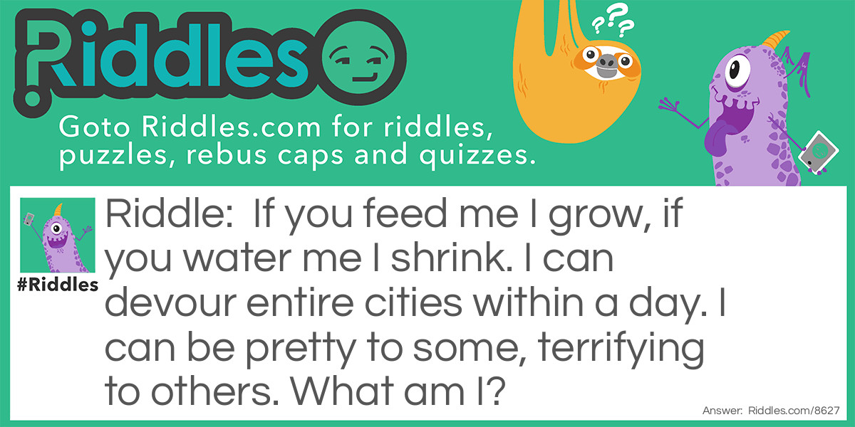 If you feed me I grow, if you water me I shrink. I can devour entire cities Riddle Meme.