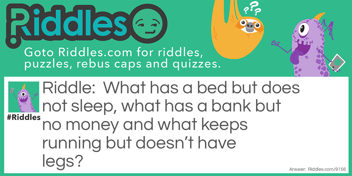 What has a bed but does not sleep has a bank but no money Riddle Meme.