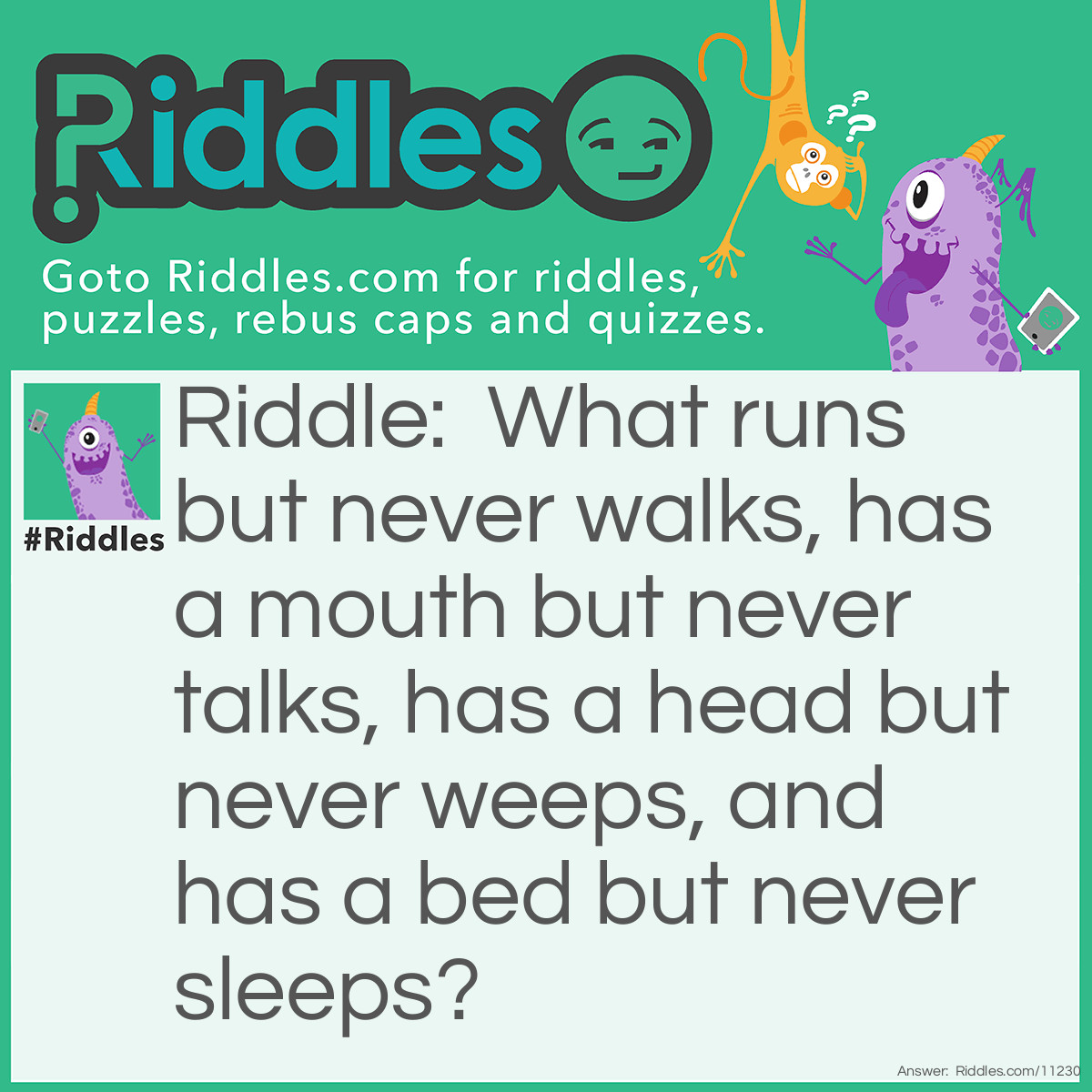 Riddle: What runs but never walks, has a mouth but never talks, has a head but never weeps, and has a bed but never sleeps? Answer: A river