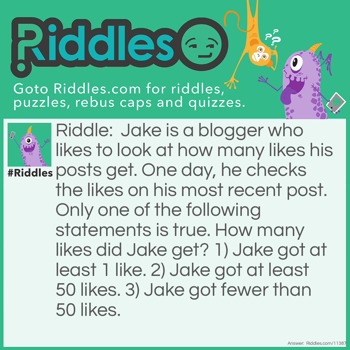 Riddle: Jake is a blogger who likes to look at how many likes his posts get. One day, he checks the likes on his most recent post. Only one of the following statements is true. How many likes did Jake get? 1) Jake got at least 1 like. 2) Jake got at least 50 likes. 3) Jake got fewer than 50 likes. Answer: Only the third statement is true; Jake got zero likes. If the first statement is true, then he has at least one like, but the third statement is also true, assuming that this number is less than 50; this contradicts the conditions. If the second statement is true, then Jake has at least 50 likes, but the first statement automatically becomes true, too. If the third statement is true, then Jake has fewer than 50 likes; this makes the second statement wrong, but for the first statement to be wrong, too, the post should have gotten less than one like. Therefore, Jake got zero likes on his most recent post.