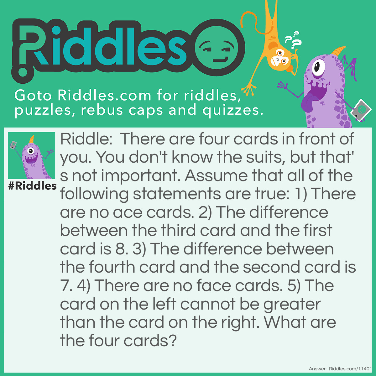 Riddle: There are four cards in front of you. You don't know the suits, but that's not important. Assume that all of the following statements are true: 1) There are no ace cards. 2) The difference between the third card and the first card is 8. 3) The difference between the fourth card and the second card is 7. 4) There are no face cards. 5) The card on the left cannot be greater than the card on the right. What are the four cards? Answer: The card on the far left is a 2, the card next to it is a 3, then there is a 10, and there is a 10 next to the first 10 card. Hey, I didn't say there couldn't be any cards of the SAME value!