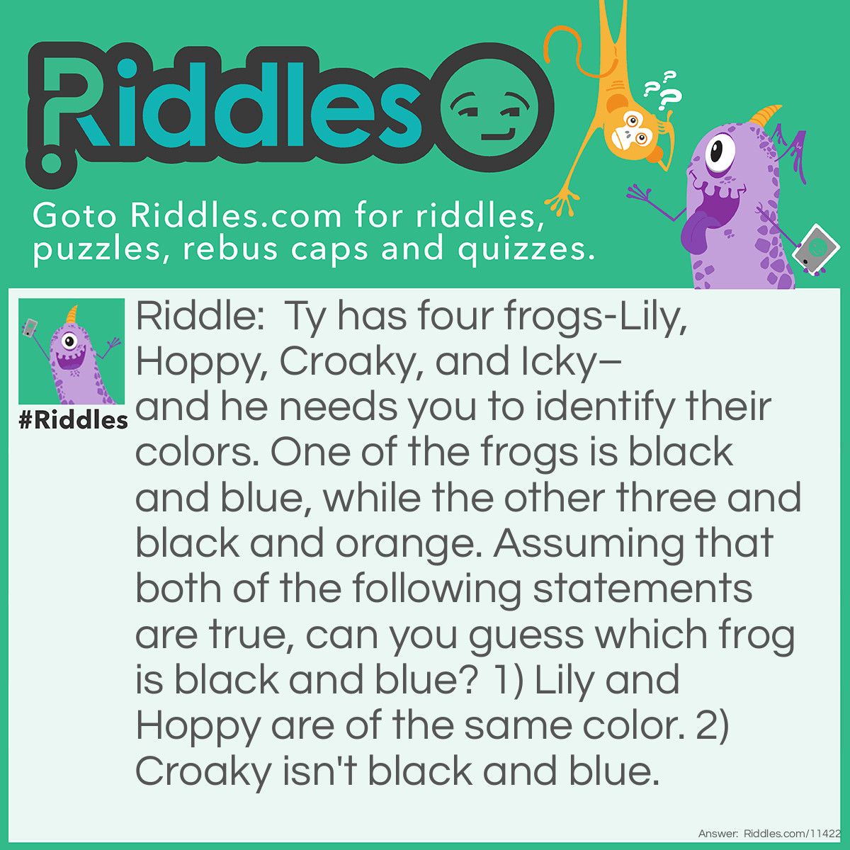 Riddle: Ty has four frogs-Lily, Hoppy, Croaky, and Icky–and he needs you to identify their colors. One of the frogs is black and blue, while the other three and black and orange. Assuming that both of the following statements are true, can you guess which frog is black and blue? 1) Lily and Hoppy are of the same color. 2) Croaky isn't black and blue. Answer: Icky is black and blue. If Lily and Hoppy are of the same color, then both of them must be black and orange because only ONE of the frogs is black and blue. And if Croaky isn't black and blue, then he is black and orange. Therefore, Icky is the only black and blue frog among the four frogs.