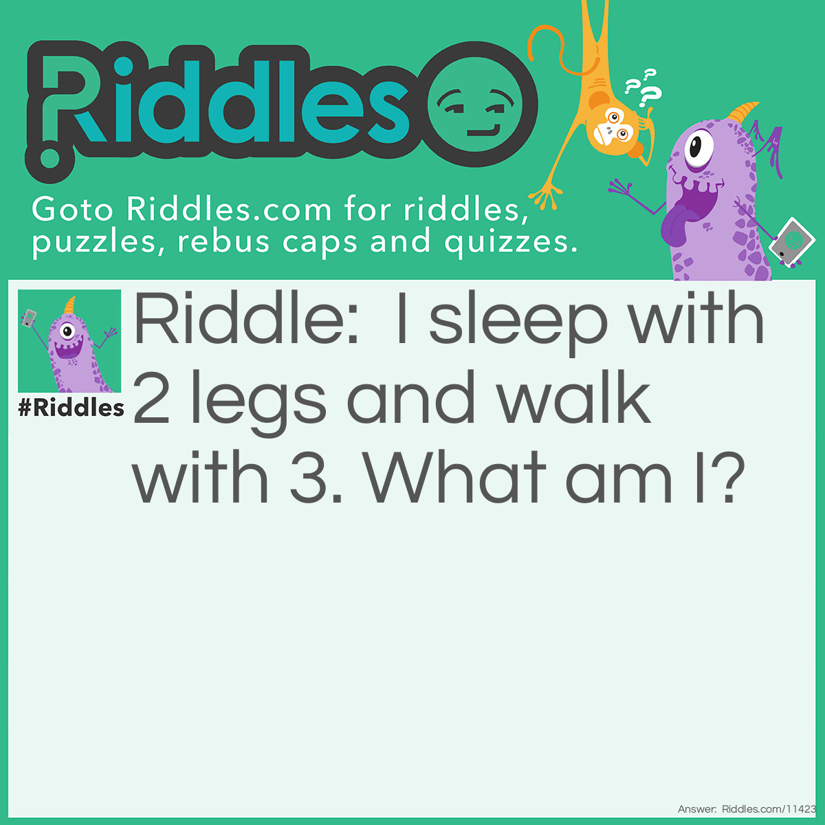 Riddle: I sleep with 2 legs and walk with 3. What am I? Answer: A man with a Cane.