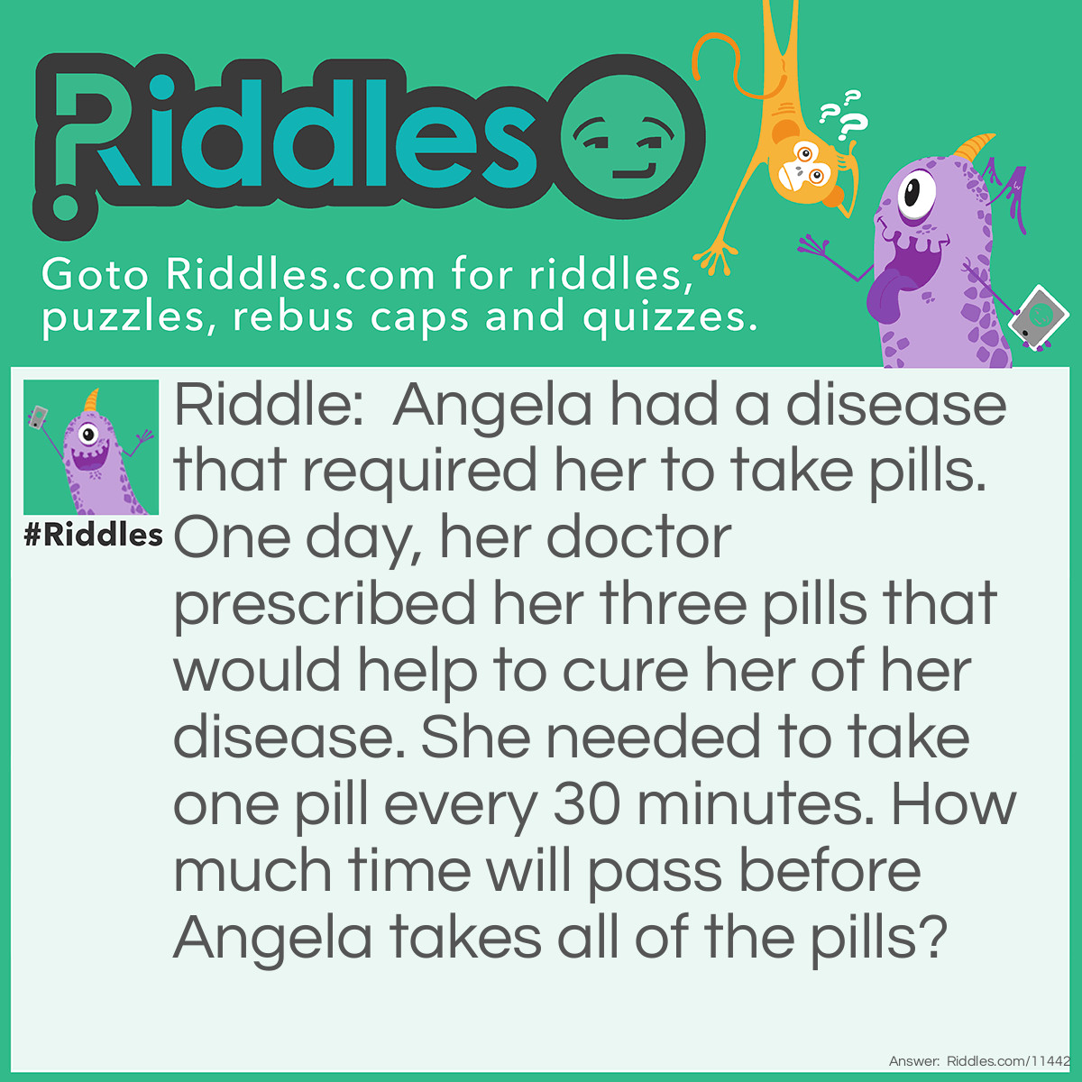 Riddle: Angela had a disease that required her to take pills. One day, her doctor prescribed her three pills that would help to cure her of her disease. She needed to take one pill every 30 minutes. How much time will pass before Angela takes all of the pills? Answer: One hour will pass. Once Angela takes the first pill, she'll wait 30 minutes. After that, she will take the second pill and wait another 30 minutes. And then she will take the last pill after that. After all, the first pill doesn't take 30 minutes to take.