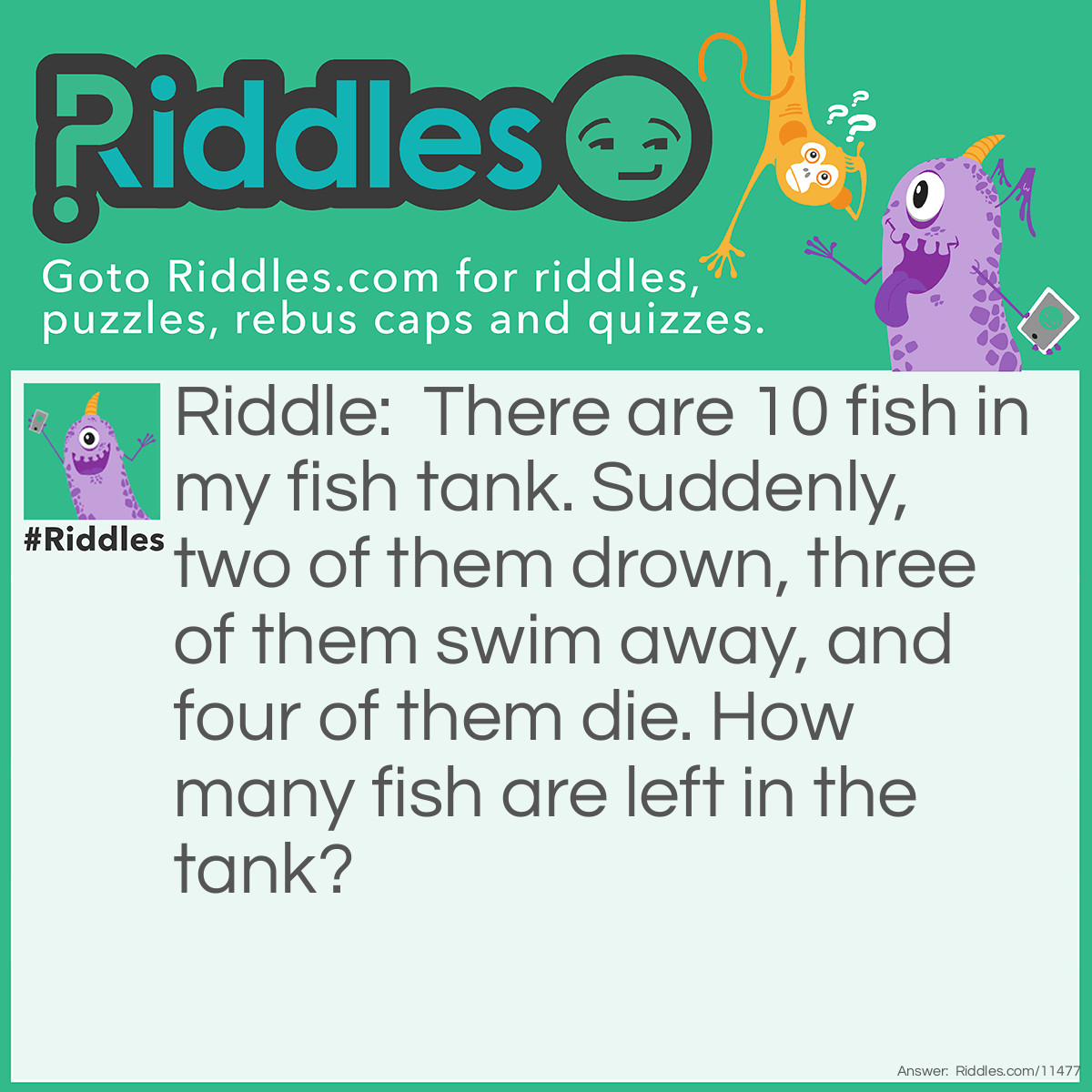 Riddle: There are 10 fish in my fish tank. Suddenly, two of them drown, three of them swim away, and four of them die. How many fish are left in the tank? Answer: There are still 10 fish left. For one thing, fish can't drown. Plus, none of the fish could have swam away because they're still in the tank.