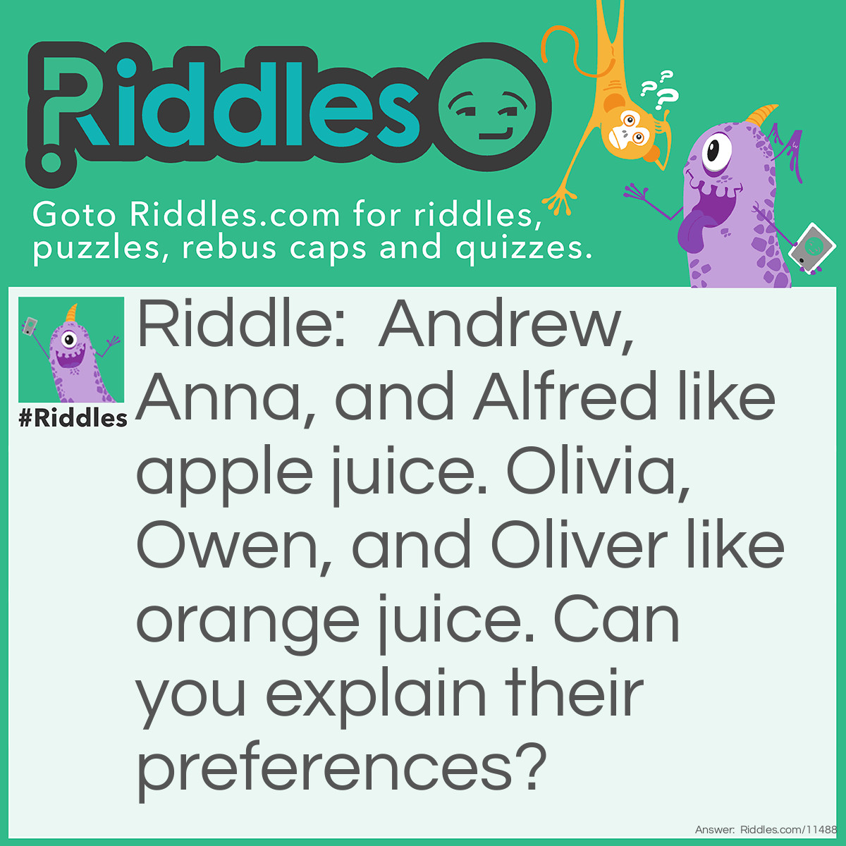 Riddle: Andrew, Anna, and Alfred like apple juice. Olivia, Owen, and Oliver like orange juice. Can you explain their preferences? Answer: People whose names begin with A like apple juice, while people whose names begin with O like orange juice.