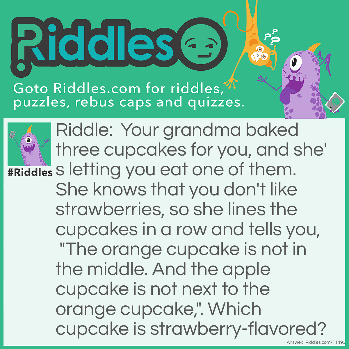 Riddle: Your grandma baked three cupcakes for you, and she's letting you eat one of them. She knows that you don't like strawberries, so she lines the cupcakes in a row and tells you, "The orange cupcake is not in the middle. And the apple cupcake is not next to the orange cupcake,". Which cupcake is strawberry-flavored? Answer: The orange cupcake is not in the middle, and the apple cupcake can't be in the middle either because it would contradict your grandma's second statement. Therefore, the orange and apple cupcakes are on the ends, and the strawberry cupcake is in the middle.