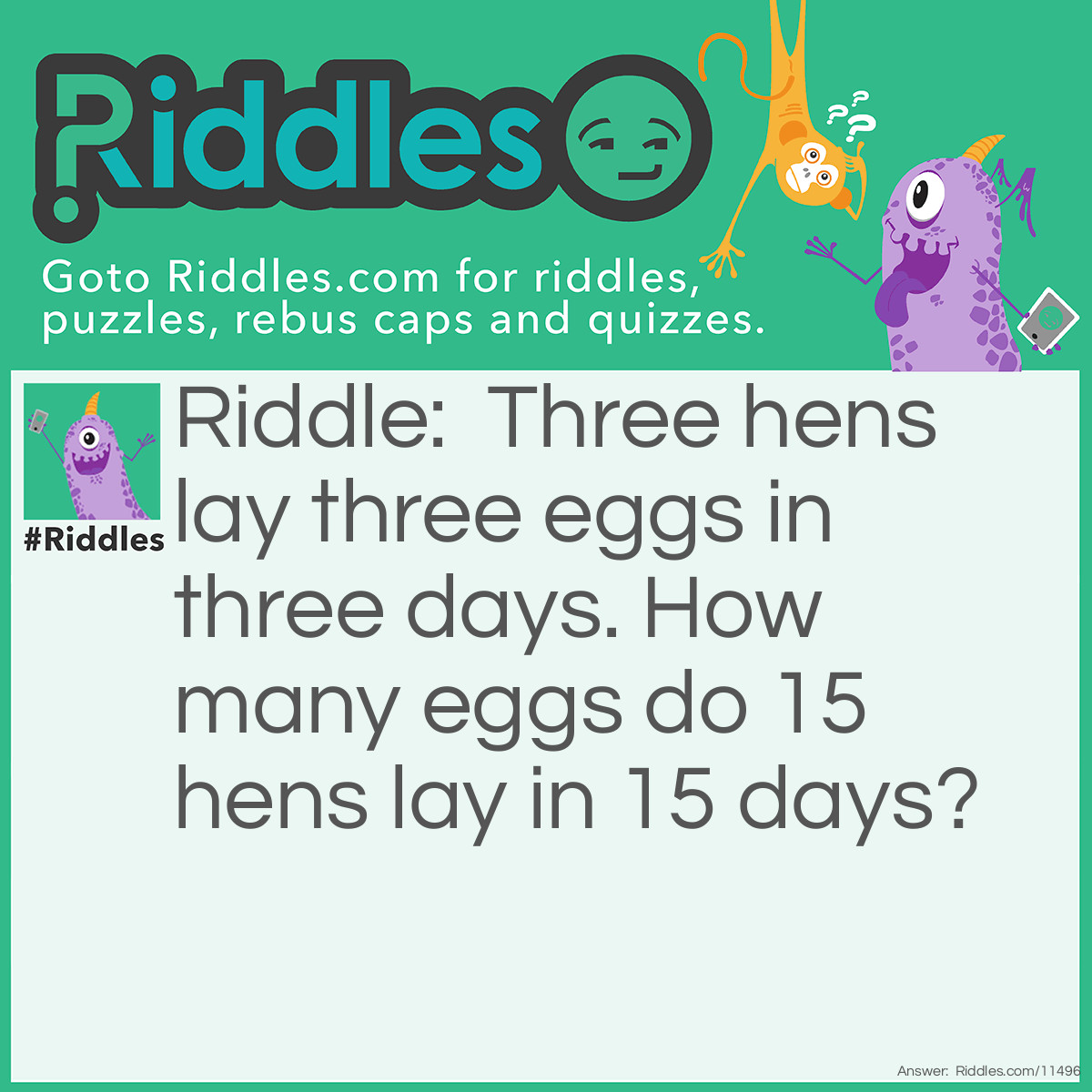 Riddle: Three hens lay three eggs in three days. How many eggs do 15 hens lay in 15 days? Answer: If three hens lay three eggs in three days, then one hen lays one egg in three days. In 15 days, one hen will lay five eggs. Therefore, 15 hens will lay 75 eggs in 15 days.