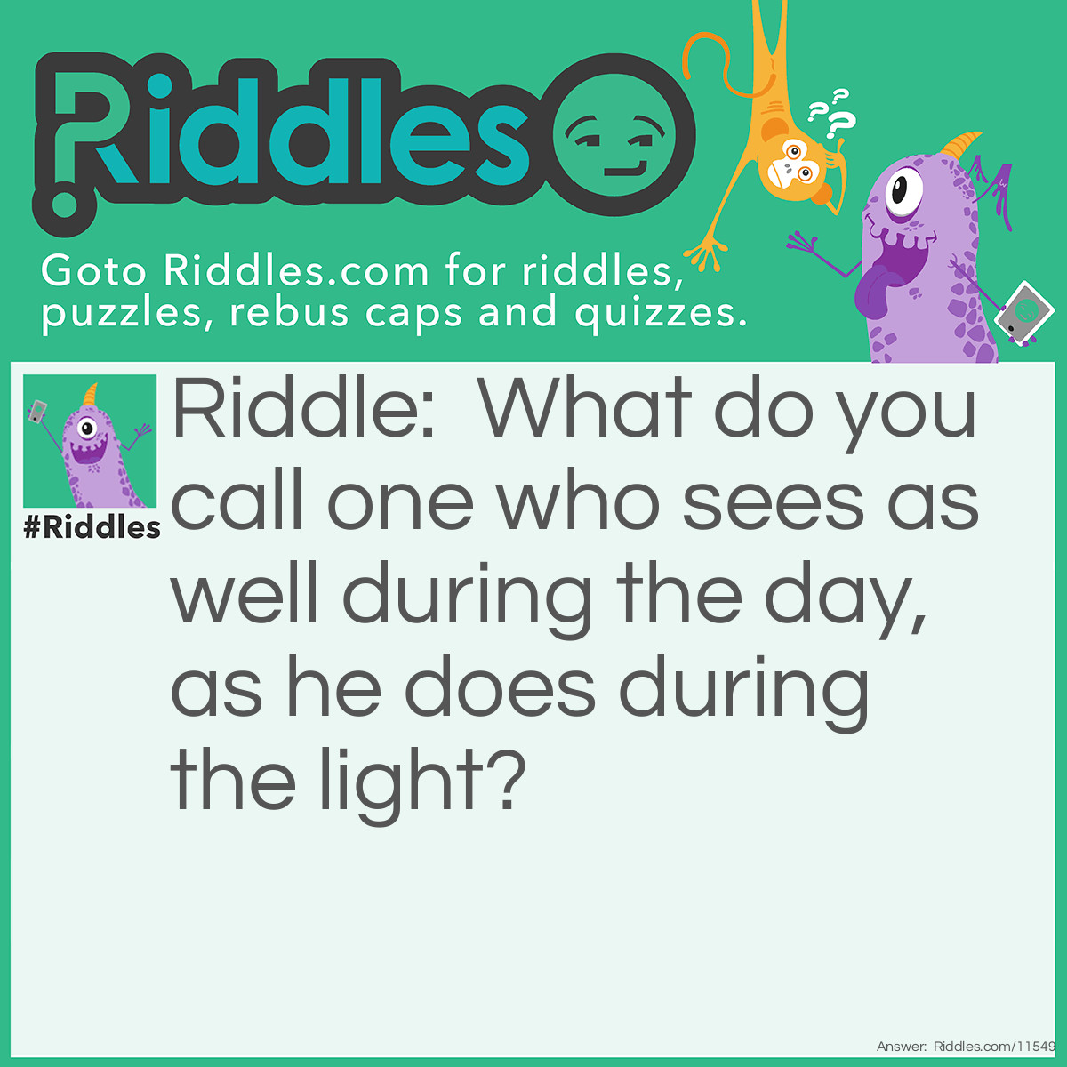 Riddle: What do you call one who sees as well during the day, as he does during the light? Answer: Totally and completely blind person.