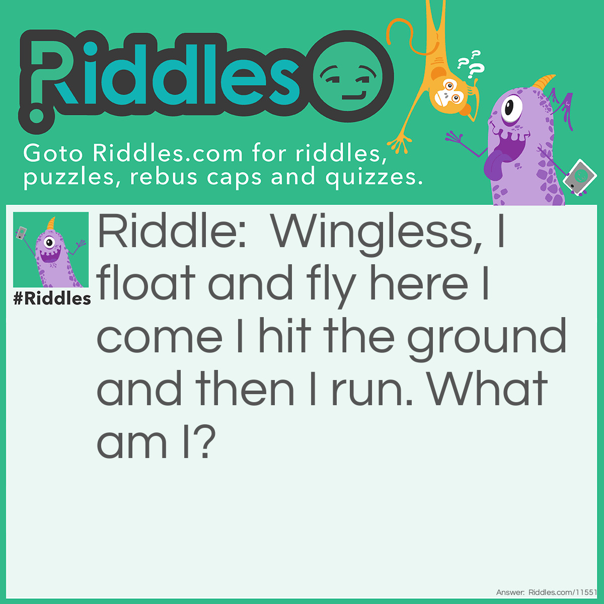 Riddle: Wingless, I float and fly here I come I hit the ground and then I run. What am I? Answer: I am Snow.