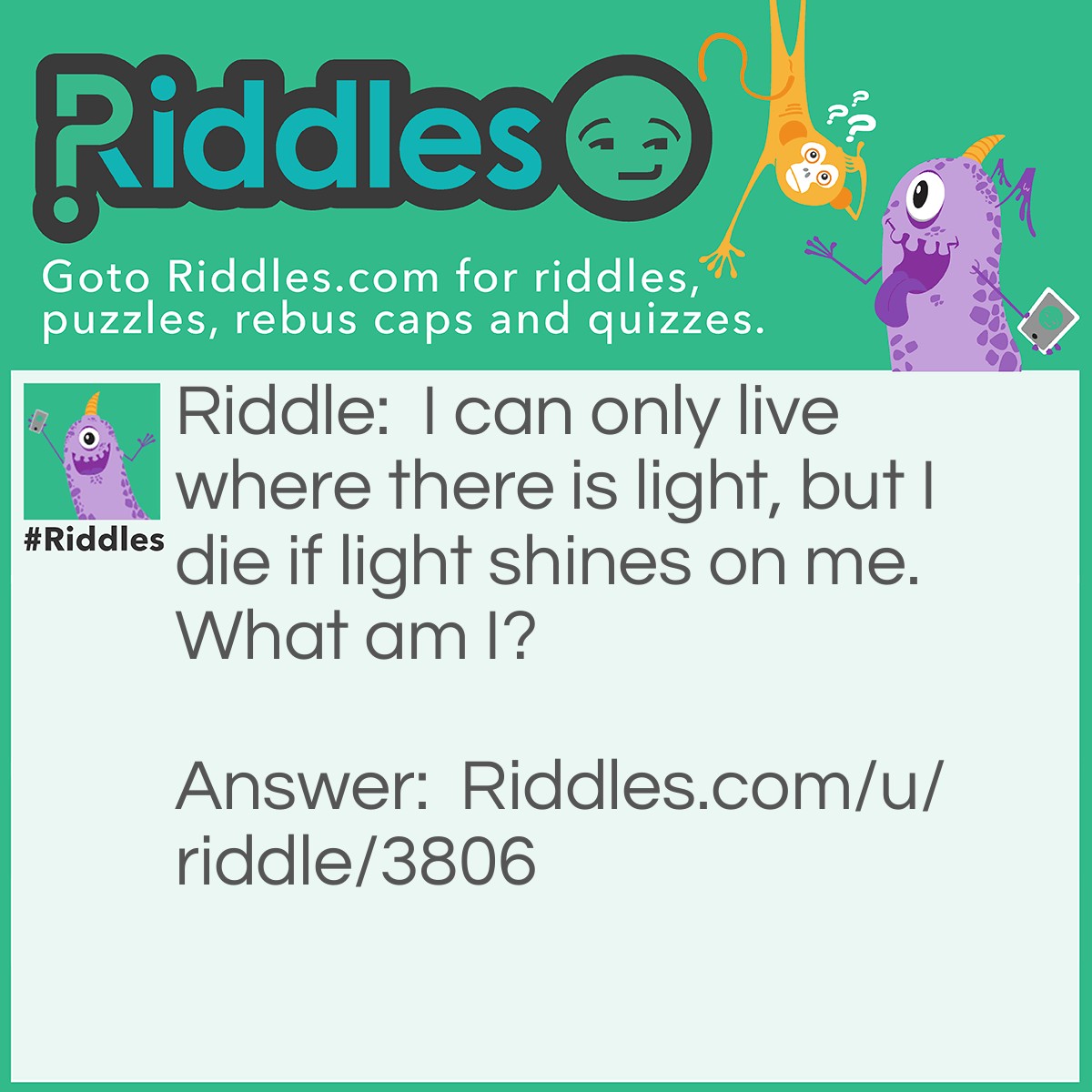 Riddle: I can only live where there is light, but I die if light shines on me. What am I? Answer: A shadow.