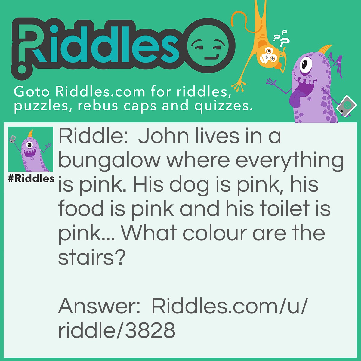 Riddle: John lives in a bungalow where everything is pink. His dog is pink, his food is pink and his toilet is pink... What colour are the stairs? Answer: There are no stairs... It's a bungalow!