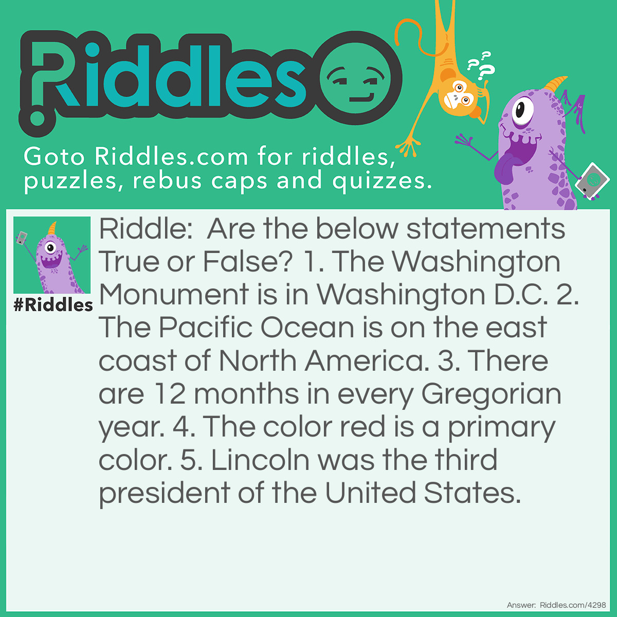 Riddle: Are the below statements True or False? 
1. The Washington Monument is in Washington D.C. 
2. The Pacific Ocean is on the east coast of North America. 
3. There are 12 months in every Gregorian year. 
4. The color red is a primary color. 
5. Lincoln was the third president of the United States.  Answer: 1. T
2. F 
3. T
4. T
5. F