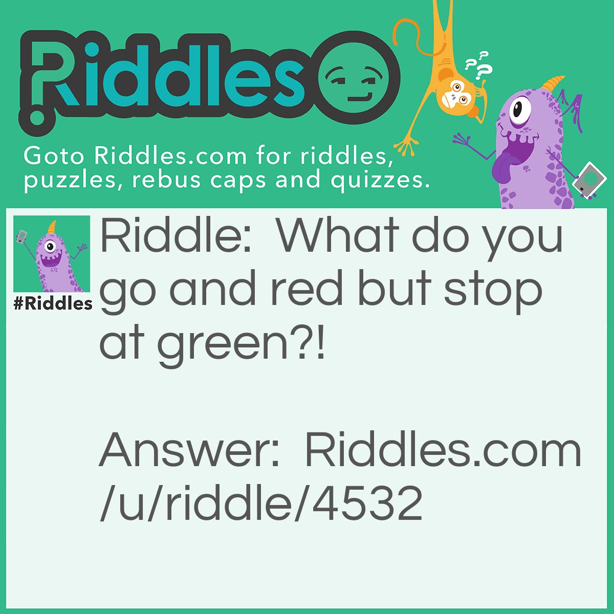 Riddle: What do you go and red but stop at green?! Answer: A watermelon!!!!!!!!