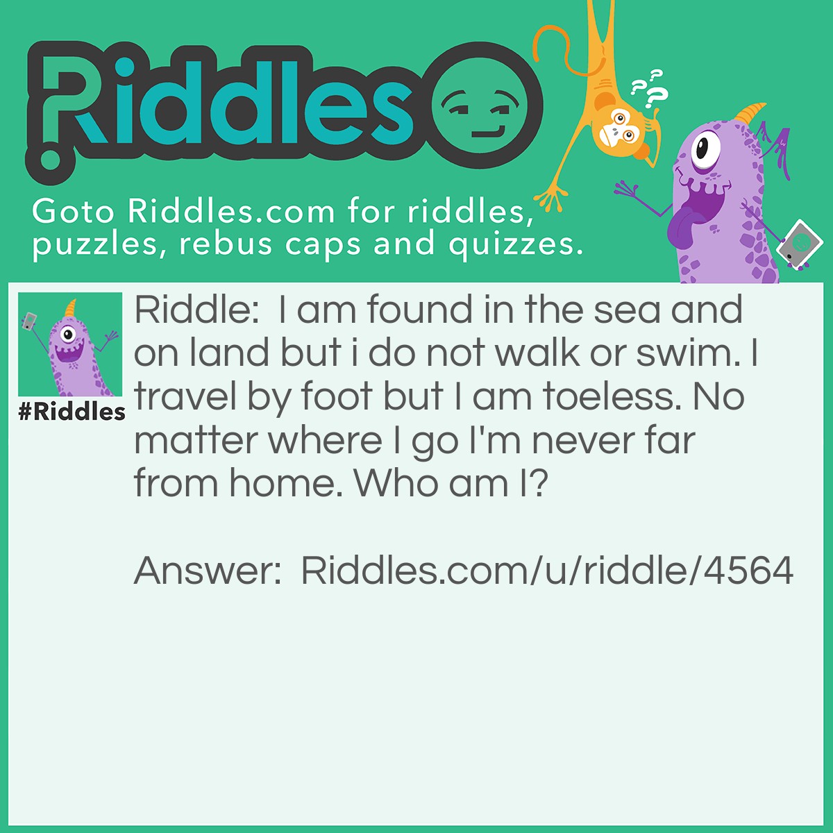 Riddle: I am found in the sea and on land but i do not walk or swim. I travel by foot but I am toeless. No matter where I go I'm never far from home. Who am I? Answer: A snail.