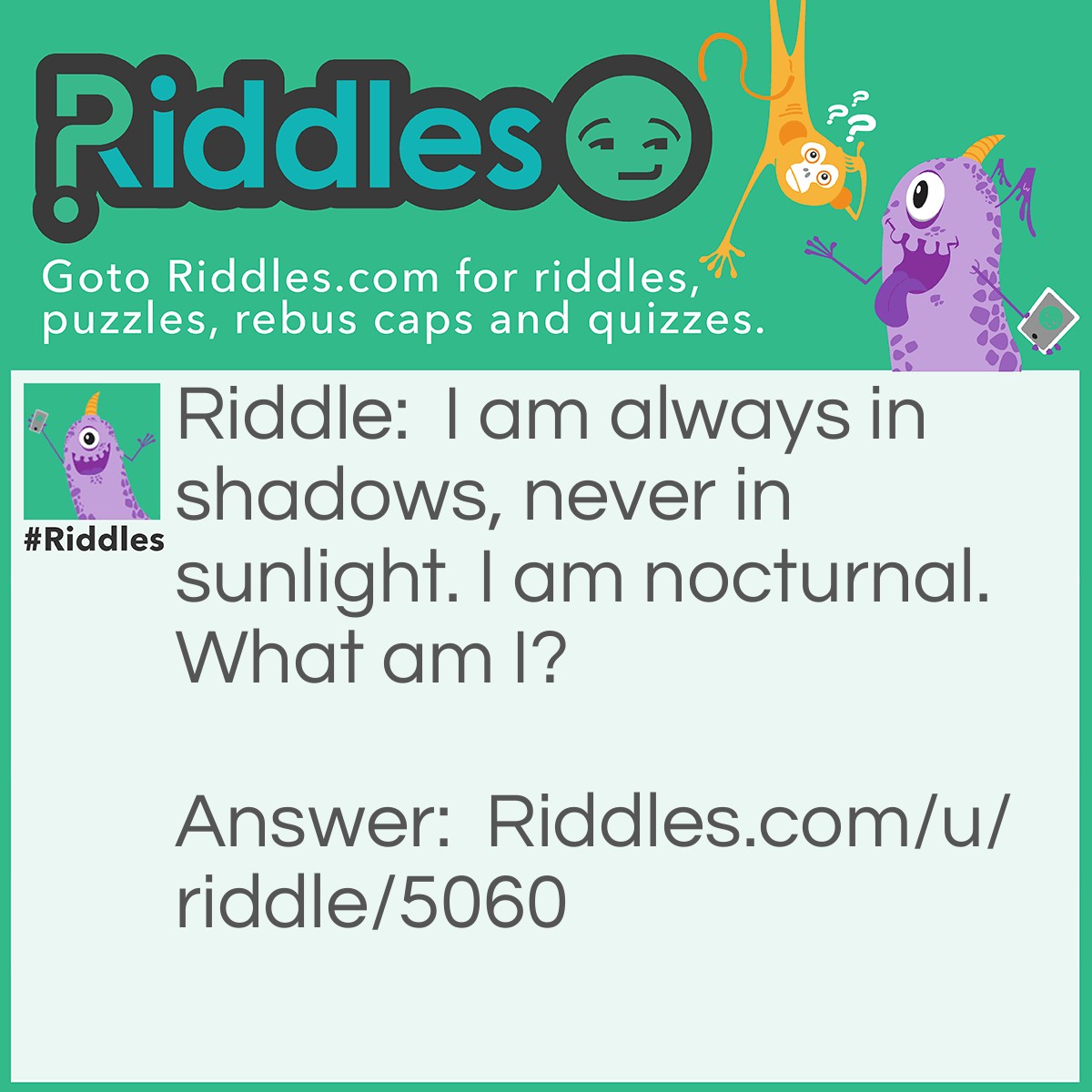 Riddle: I am always in shadows, never in sunlight. I am nocturnal. What am I? Answer: Darkness.