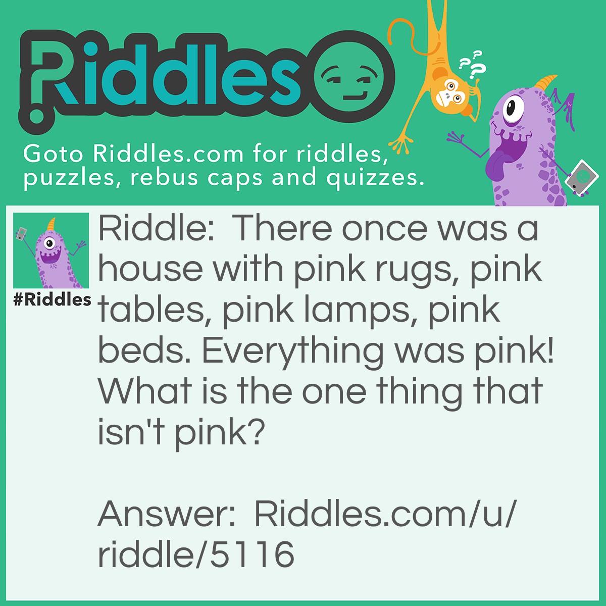 Riddle: There once was a house with pink rugs, pink tables, pink lamps, pink beds. Everything was pink! What is the one thing that isn't pink? Answer: The people inside the house.