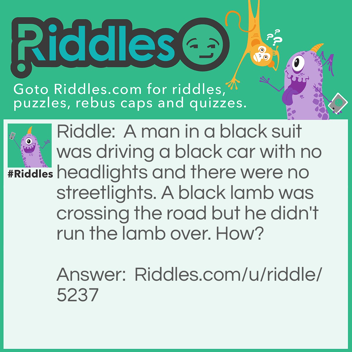 Riddle: A man in a black suit was driving a black car with no headlights and there were no streetlights. A black lamb was crossing the road but he didn't run the lamb over. How? Answer: It was daytime.