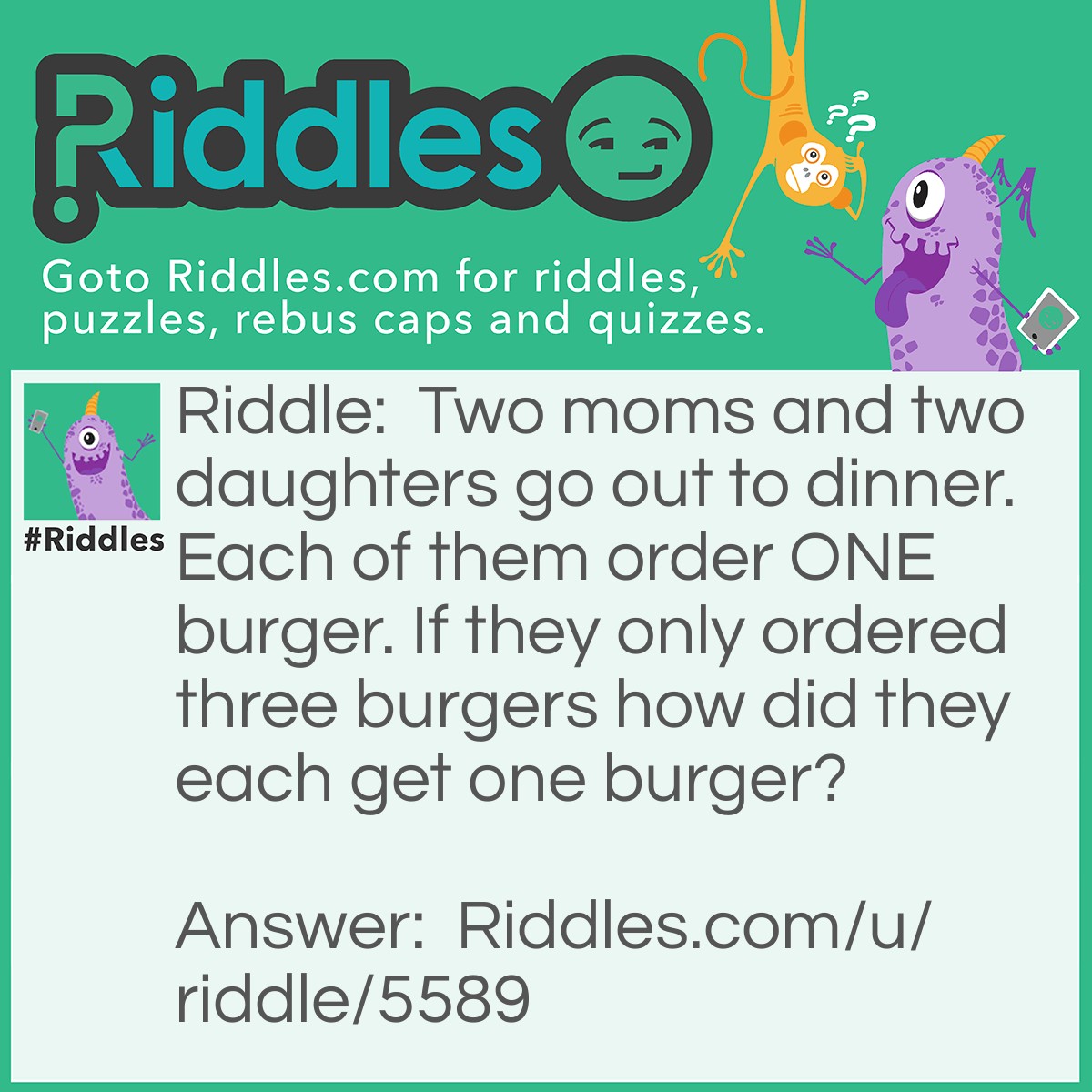 Riddle: Two moms and two daughters go out to dinner. Each of them order ONE burger. If they only ordered three burgers how did they each get one burger? Answer: There is a grandma, a mom, and a duaghter.