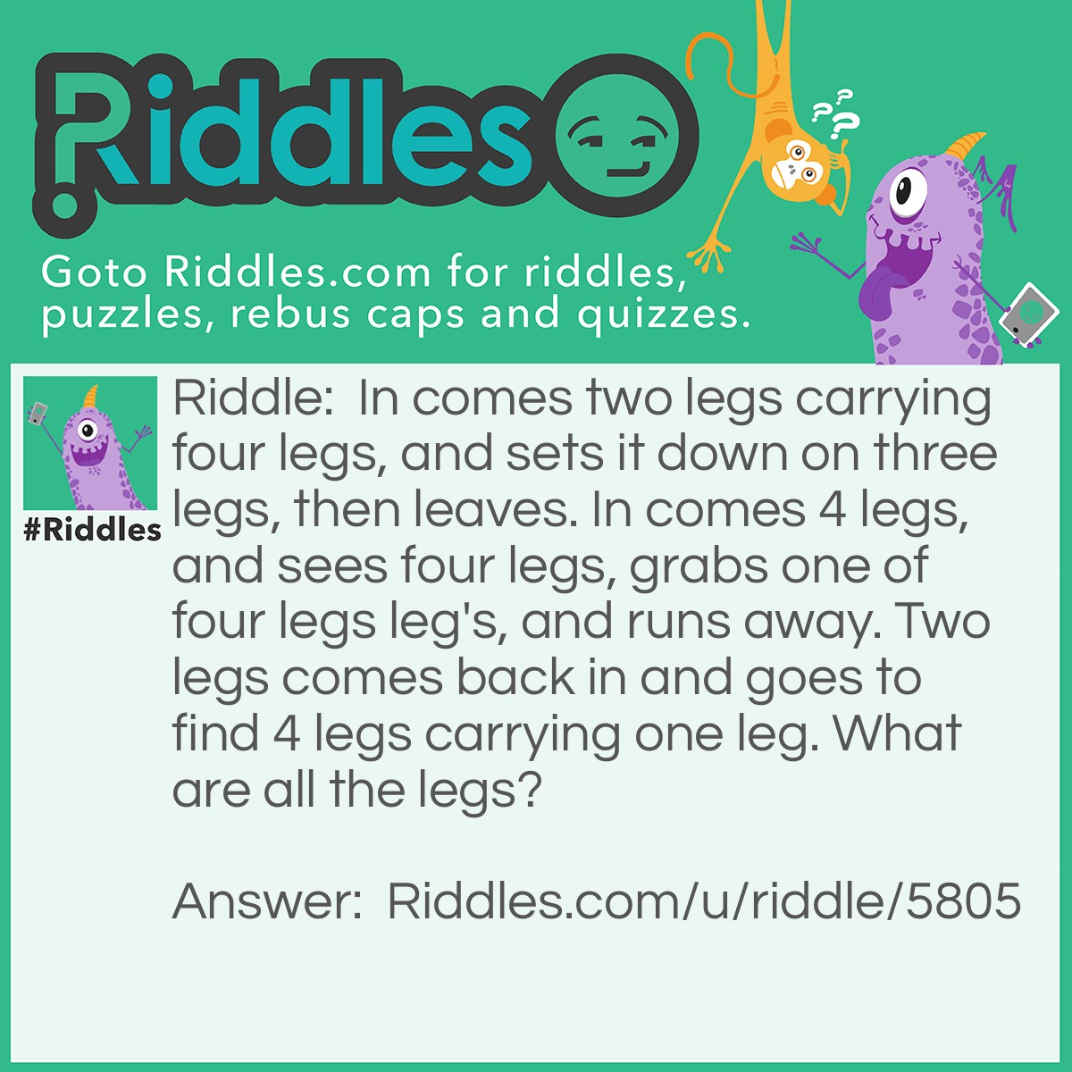 Riddle: In comes two legs carrying four legs, and sets it down on three legs, then leaves. In comes 4 legs, and sees four legs, grabs one of four legs leg's, and runs away. Two legs comes back in and goes to find 4 legs carrying one leg. What are all the legs? Answer: In comes a person carrying a sheep or pig, and sets it down on a stool, then leaves. In comes a dog, and sees the meat, grabs the meats legs, and runs away. The person comes back in and goes to find the dog carrying a leg.