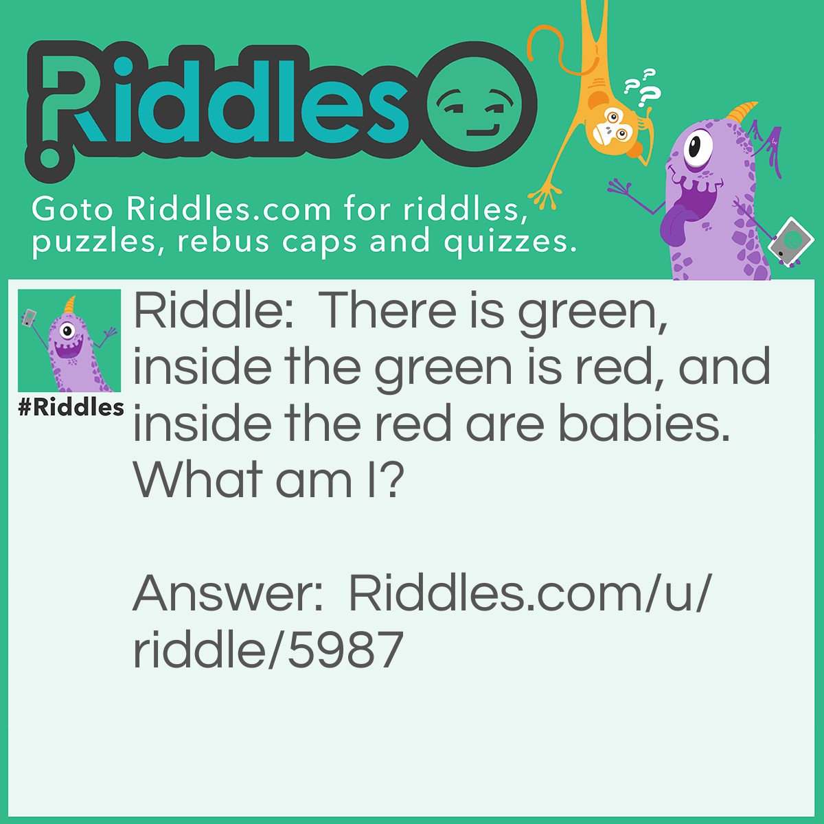 Riddle: There is green, inside the green is red, and inside the red are babies. What am I? Answer: A watermelon.