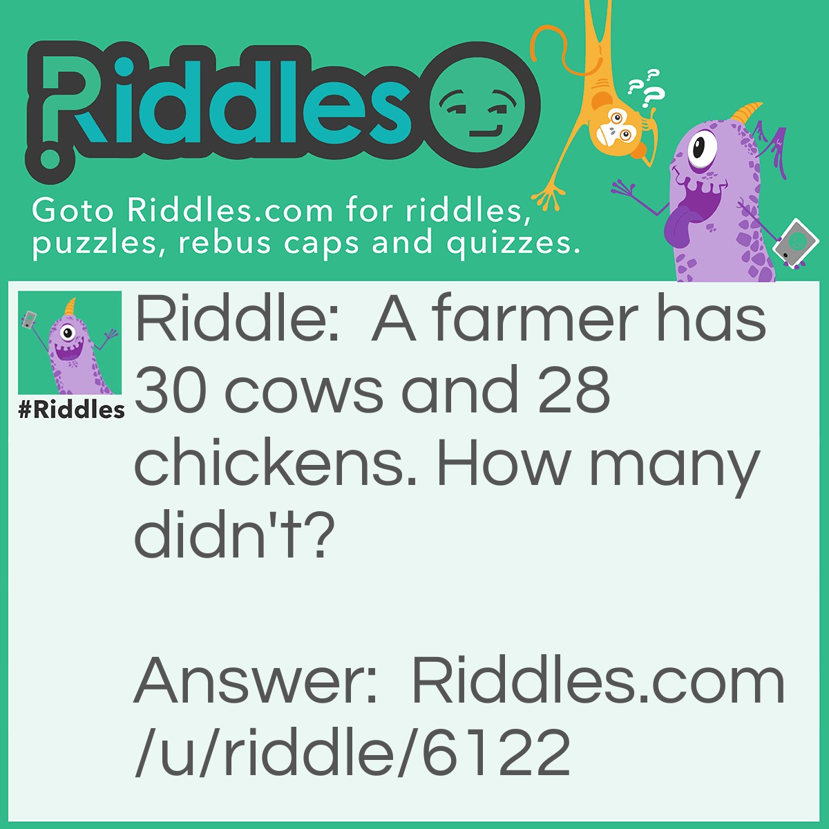 Riddle: A farmer has 30 cows and 28 chickens. How many didn't? Answer: Ten cows didn't eat chickens.