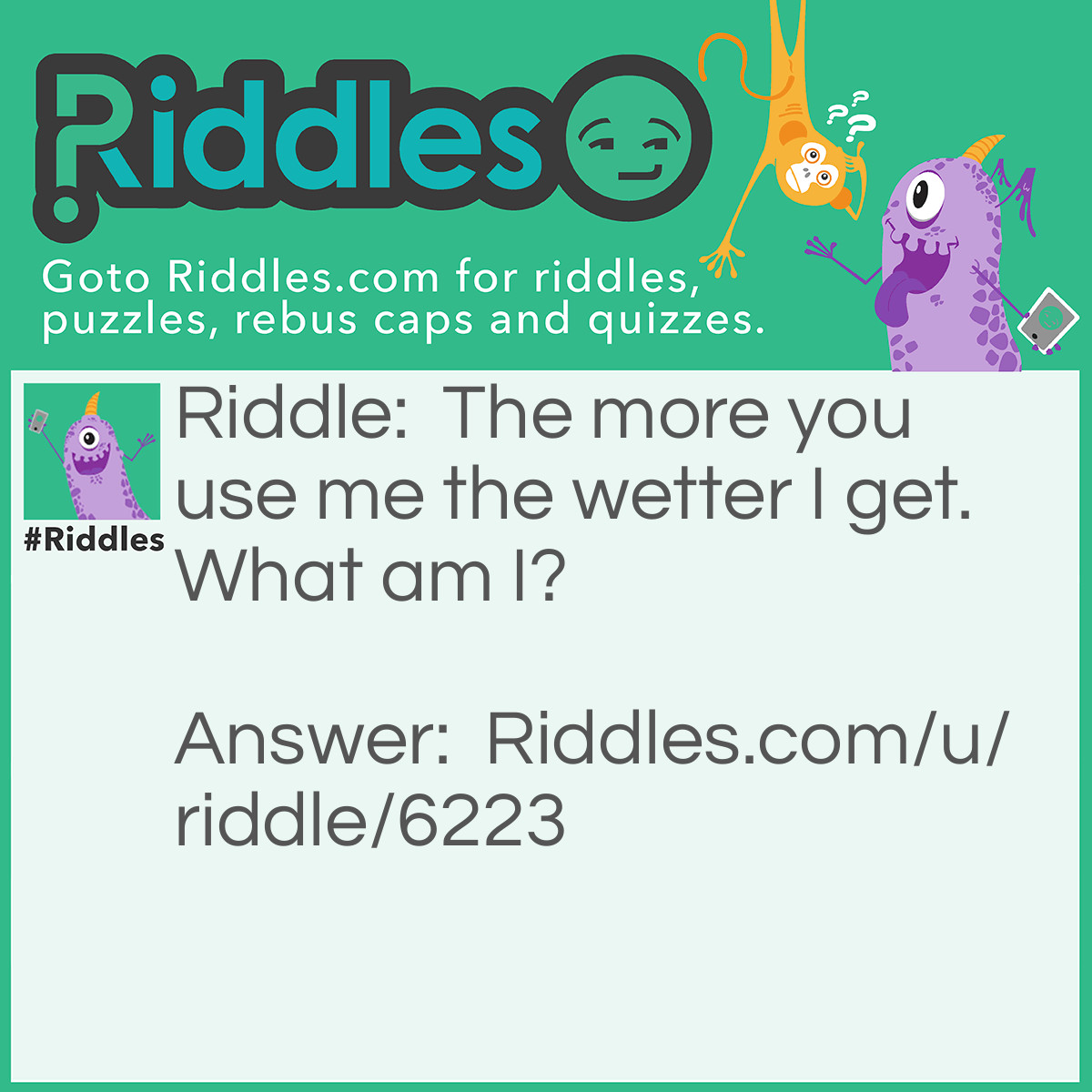 Riddle: The more you use me the wetter I get. What am I? Answer: A Towel.