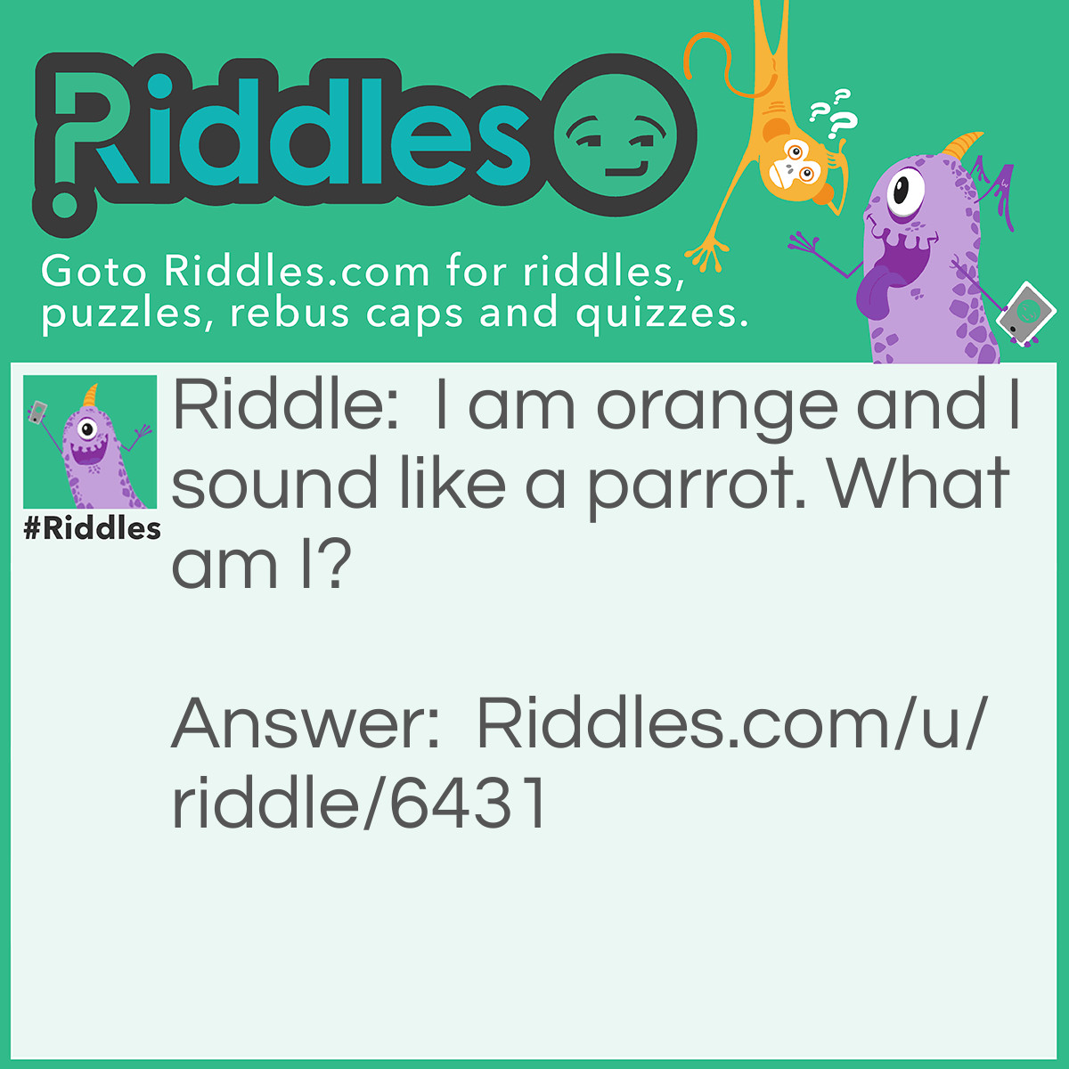 Riddle: I am orange and I sound like a parrot. What am I? Answer: A carrot! They sound alike since they rhyme.