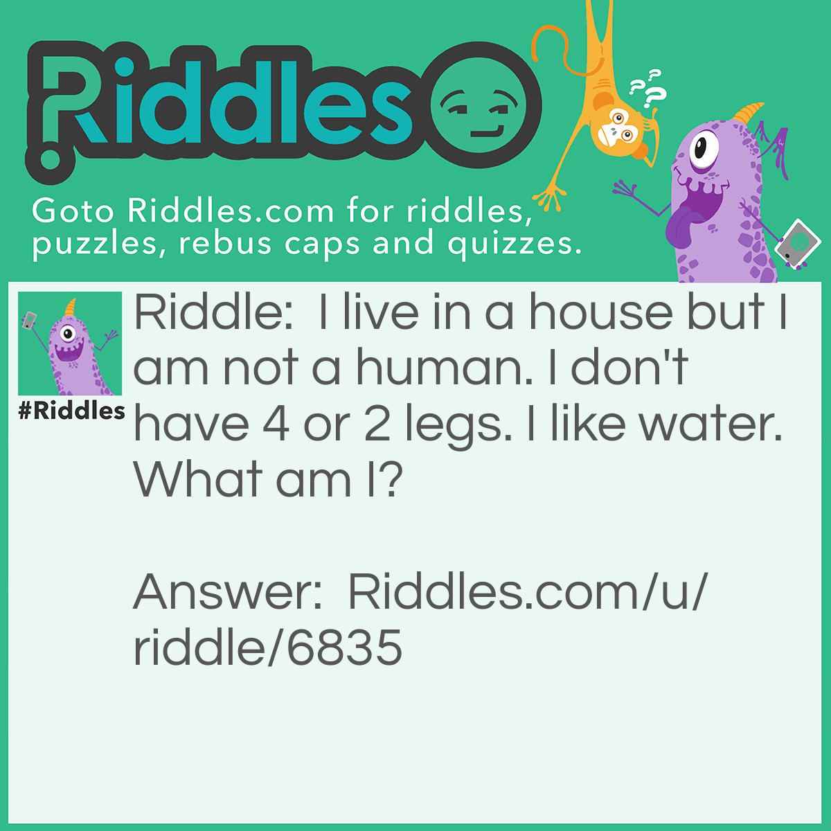 Riddle: I live in a house but I am not a human. I don't have 4 or 2 legs. I like water. What am I? Answer: A fish.