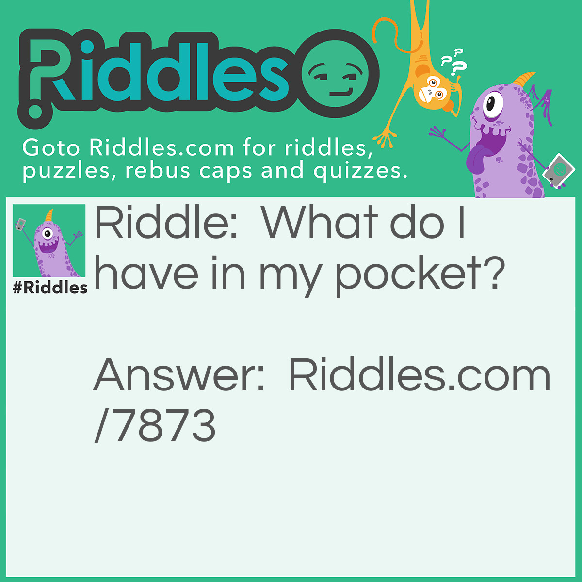 Riddle: What do I have in my pocket? Answer: I'm just words on a screen! I don't have any pockets!