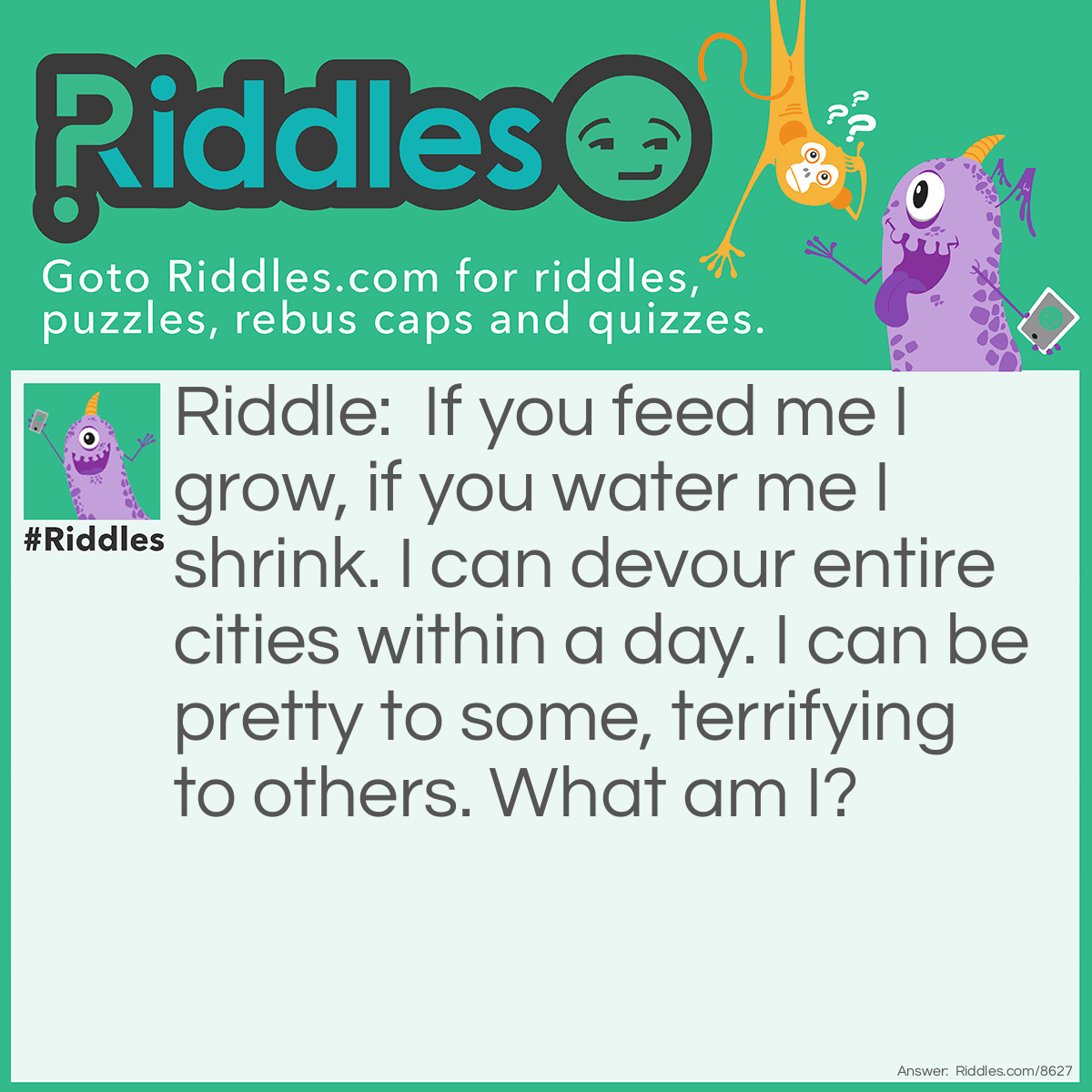 Riddle: If you feed me I grow, if you water me I shrink. I can devour entire cities within a day. I can be pretty to some, terrifying to others. What am I? Answer: Fire.