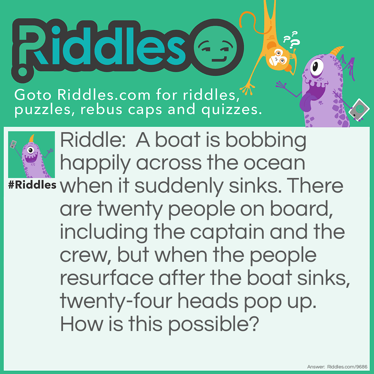 Riddle: A boat is bobbing happily across the ocean when it suddenly sinks. There are twenty people on board, including the captain and the crew, but when the people resurface after the boat sinks, twenty-four heads pop up. How is this possible? Answer: It's not twenty-four heads, it's twenty foreheads. There are still twenty people that were on the boat.