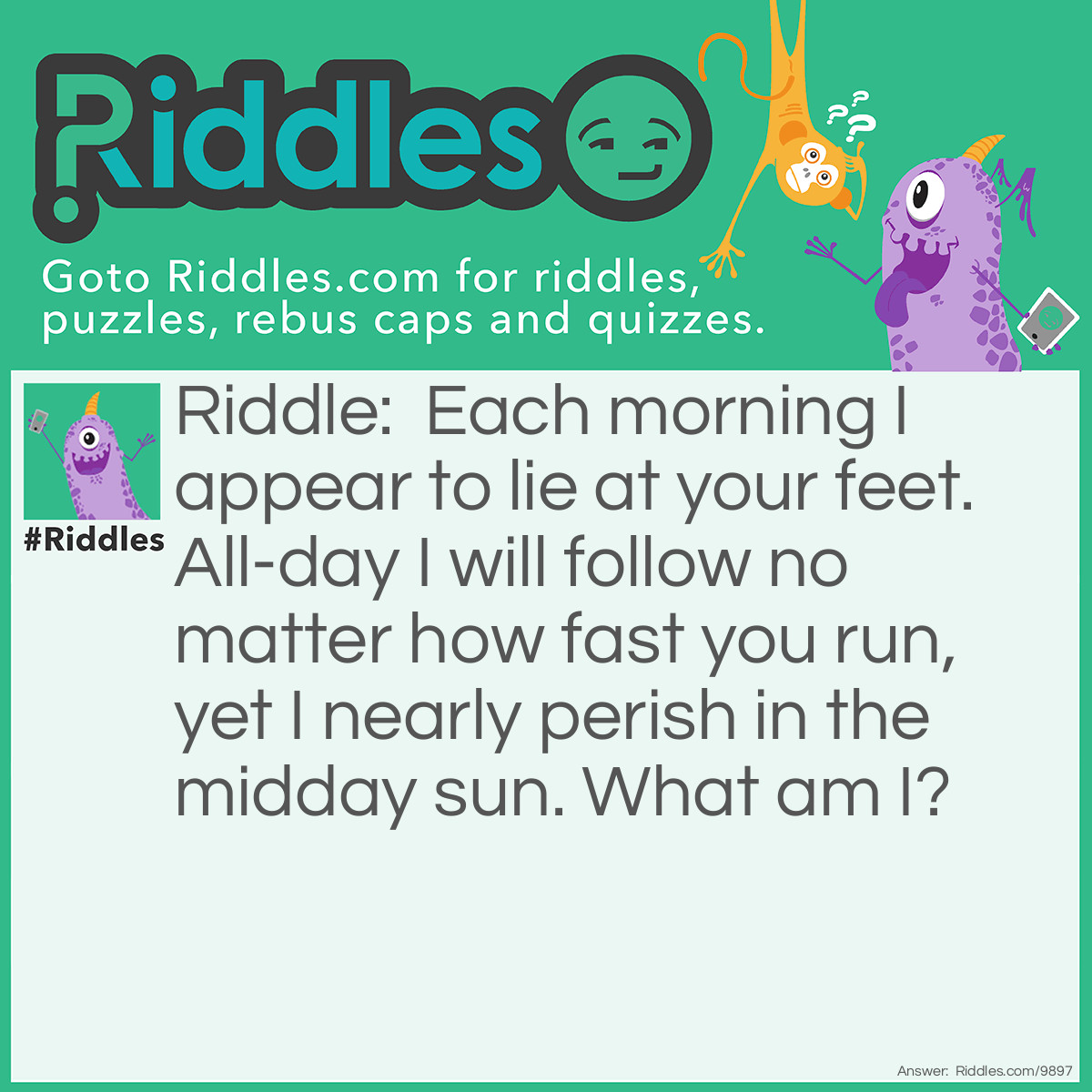 Riddle: Each morning I appear to lie at your feet. All-day I will follow no matter how fast you run, yet I nearly perish in the midday sun. What am I? Answer: Shadow.